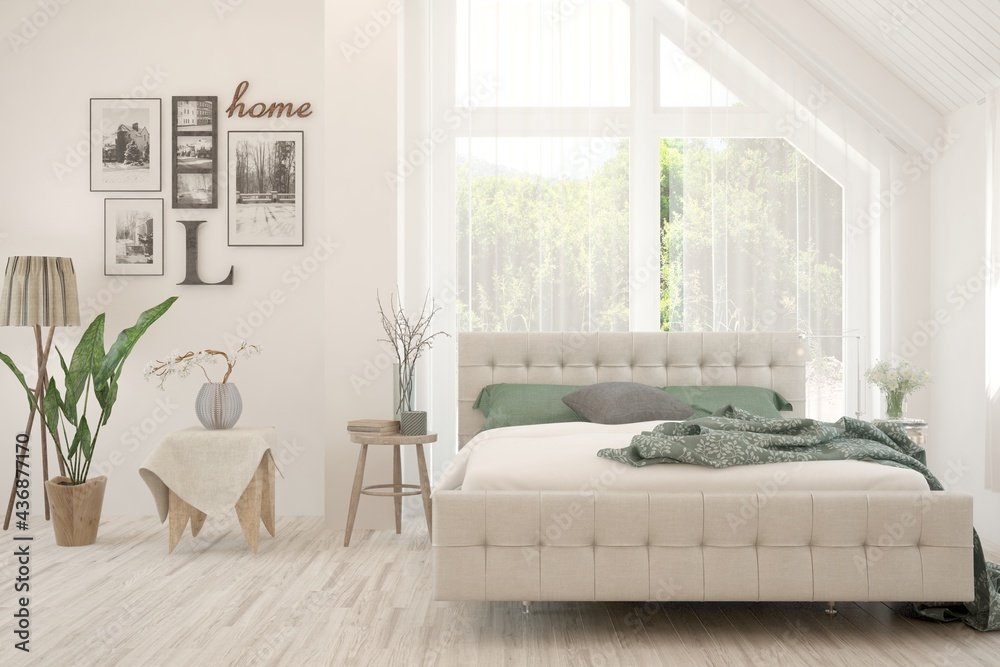 Soft color bedroom interior. Scandinavian design. 3D illustration