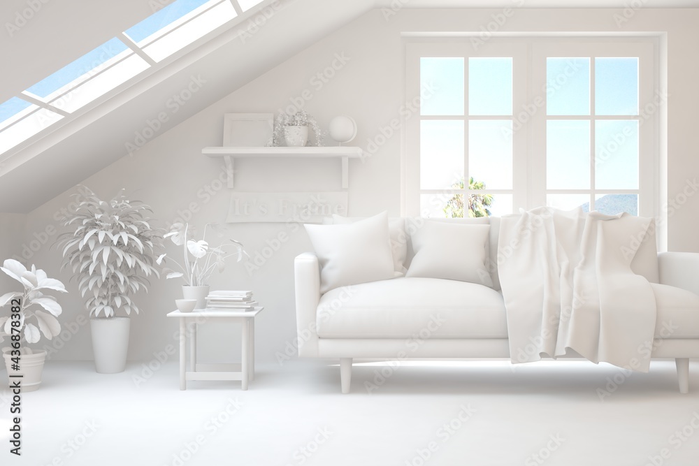 Mock up of minimalist living room in white color with sofa. Scandinavian interior design. 3D illustr