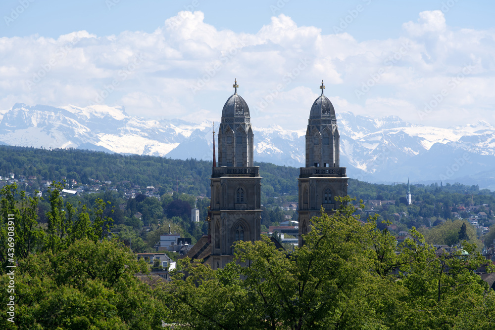 Old town of Zurich with church Grossmünster (German, translation is great mister) at summertime. Pho