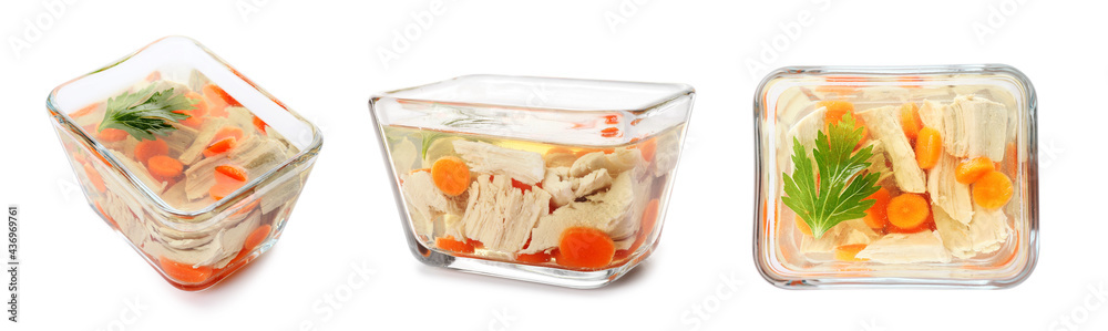 Bowls of tasty aspic on white background