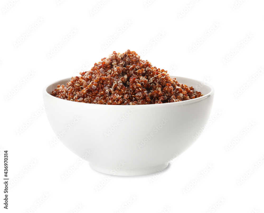 Bowl with tasty quinoa on white background