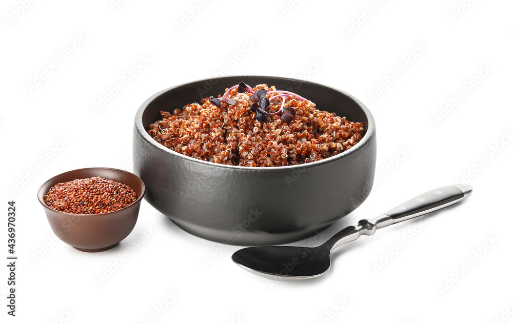 Bowl with tasty quinoa on white background