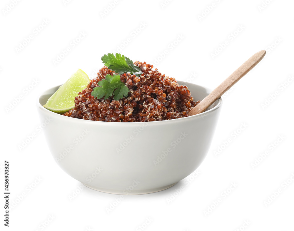 Bowl with tasty quinoa and lime on white background