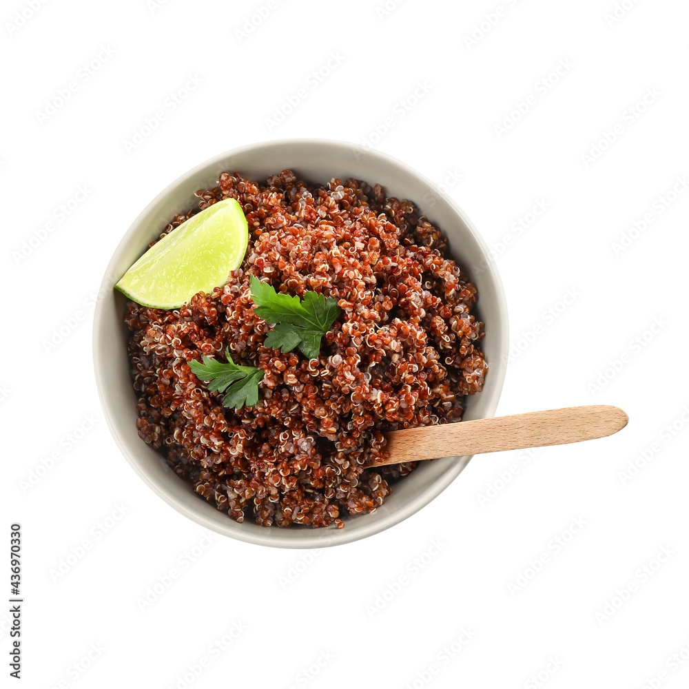 Bowl with tasty quinoa and lime on white background