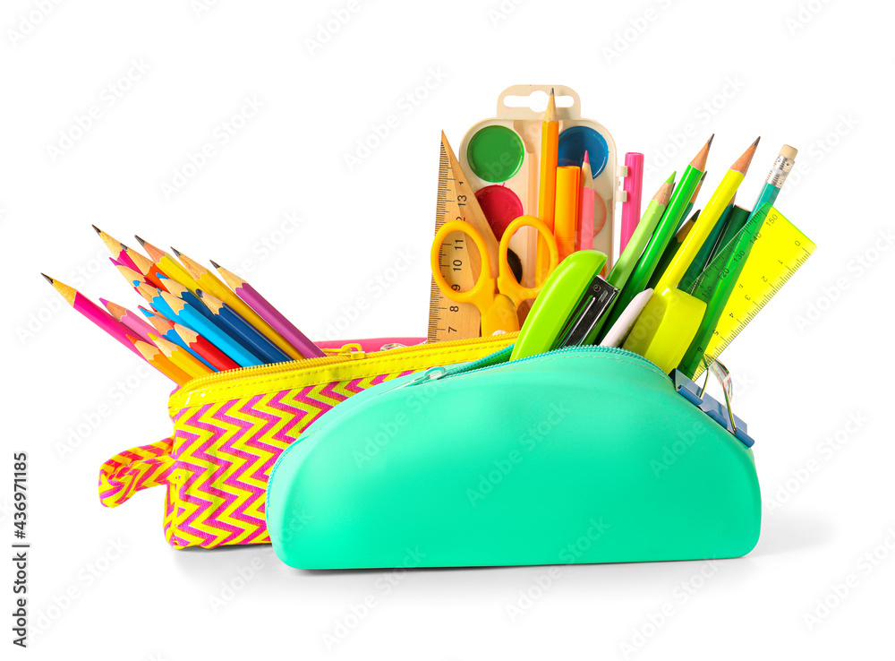 Pencil cases with stationery on white background