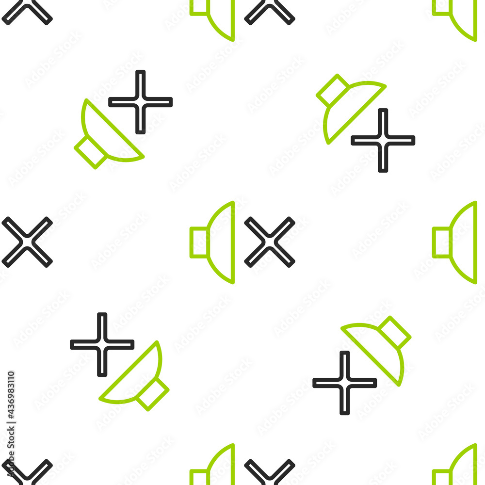 Line Speaker mute icon isolated seamless pattern on white background. No sound icon. Volume Off symb