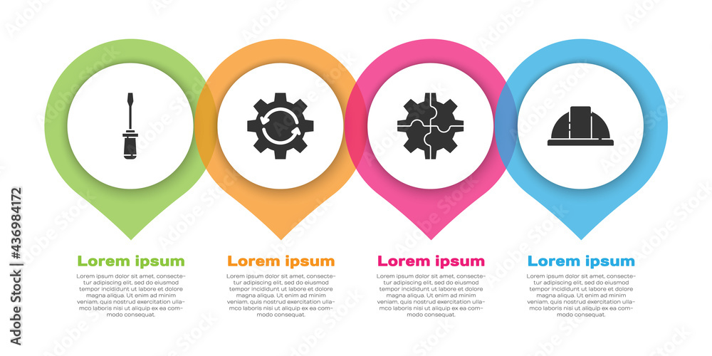 Set Screwdriver, Gear and arrows as workflow, Gear and Worker safety helmet. Business infographic te