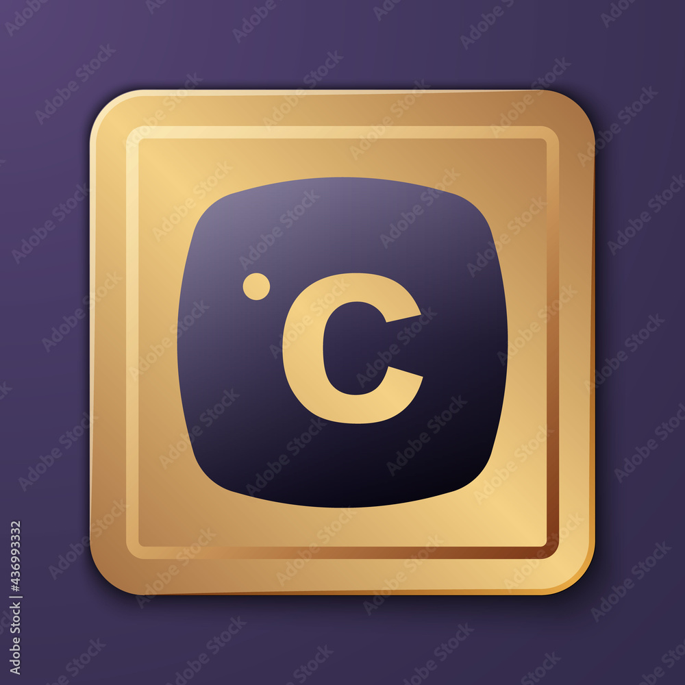 Purple Celsius icon isolated on purple background. Gold square button. Vector