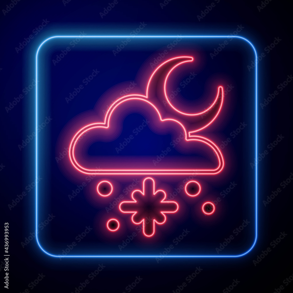 Glowing neon Cloud with snow and sun icon isolated on black background. Cloud with snowflakes. Singl