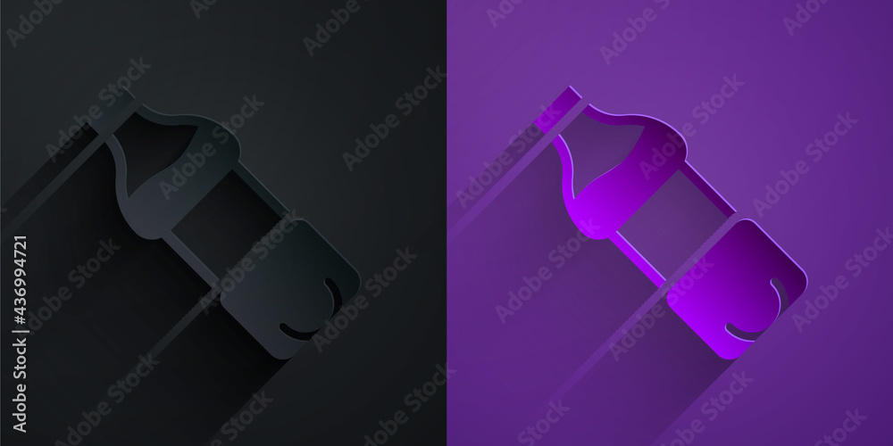 Paper cut Bottle of water icon isolated on black on purple background. Soda aqua drink sign. Paper a