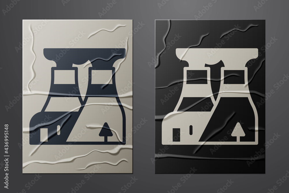 White Nuclear power plant icon isolated on crumpled paper background. Energy industrial concept. Pap