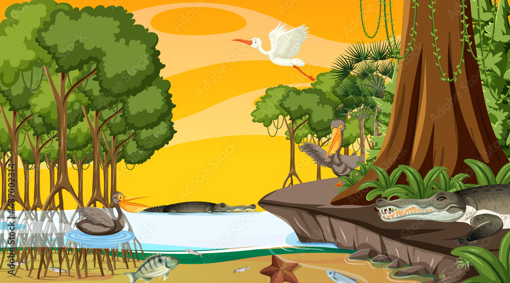 Nature scene with Mangrove forest at sunset time in cartoon style