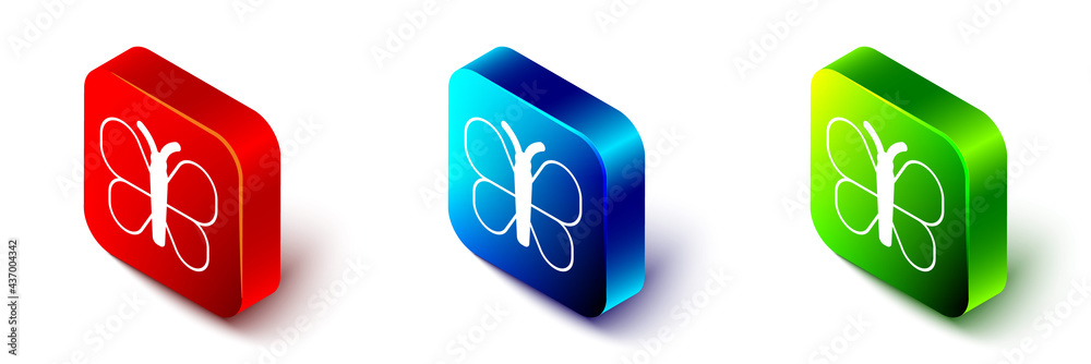 Isometric Butterfly icon isolated on white background. Red, blue and green square button. Vector