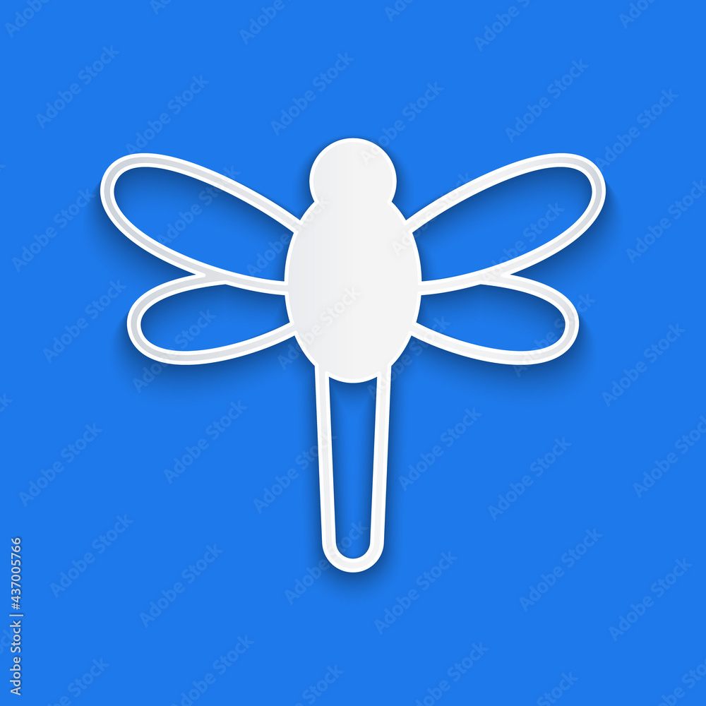 Paper cut Dragonfly icon isolated on blue background. Paper art style. Vector