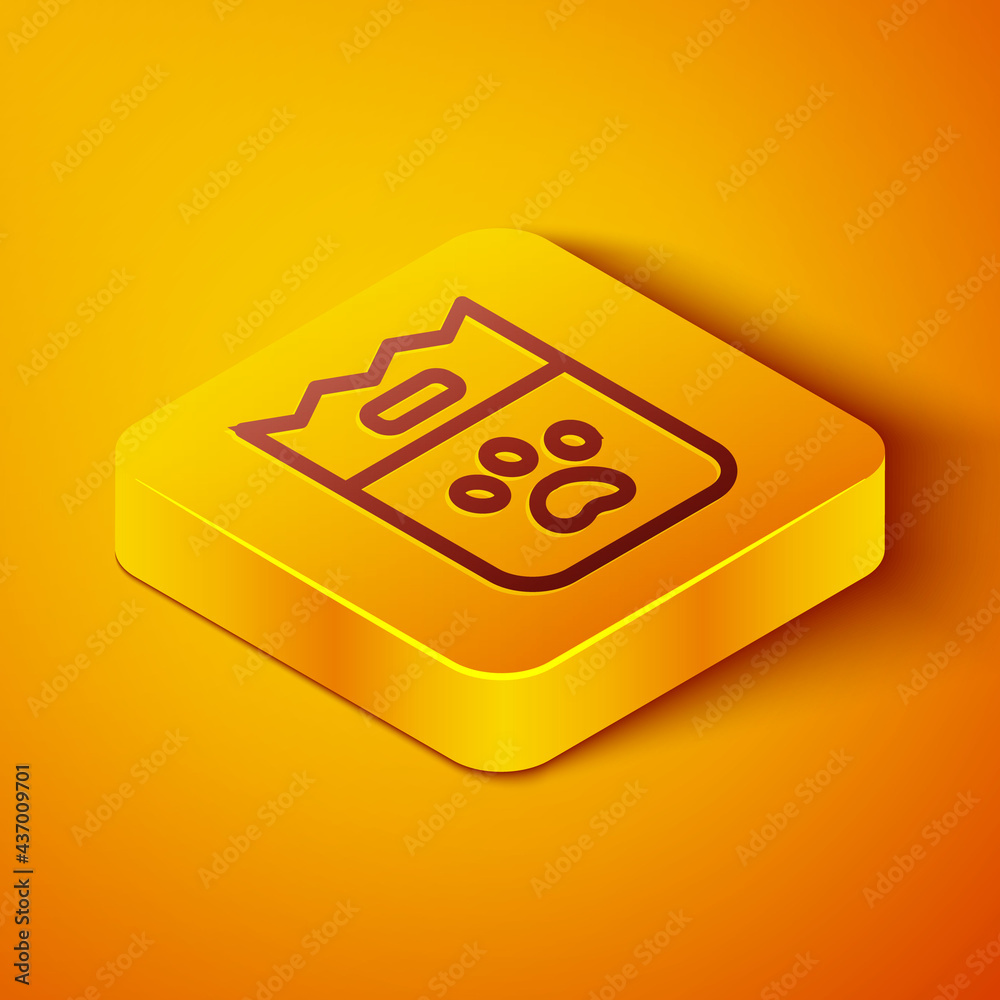 Isometric line Bag of food for dog icon isolated on orange background. Dog or cat paw print. Food fo