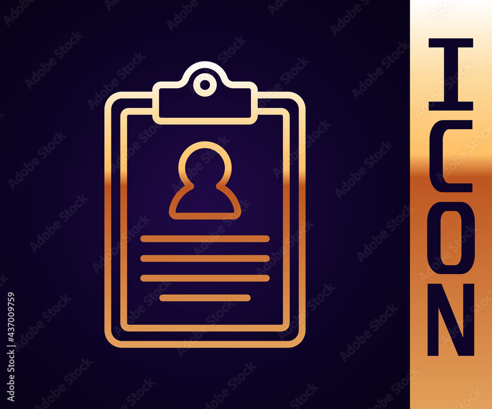 Gold line Medical clipboard with clinical record icon isolated on black background. Prescription, me