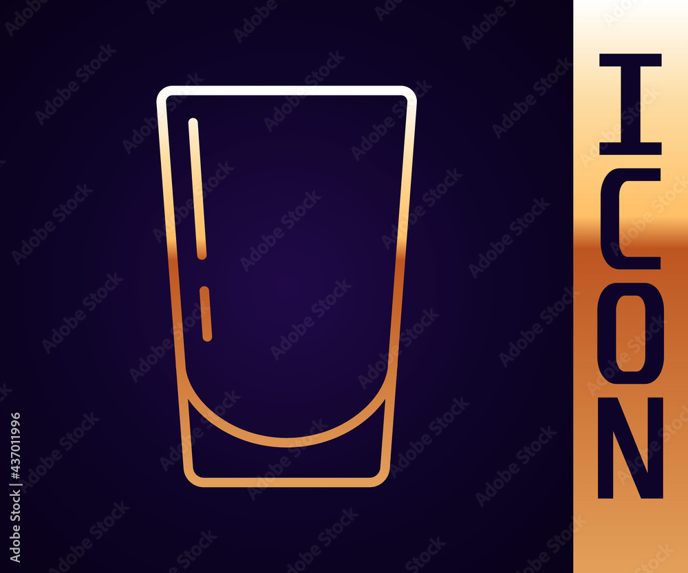 Gold line Glass with water icon isolated on black background. Soda glass. Vector