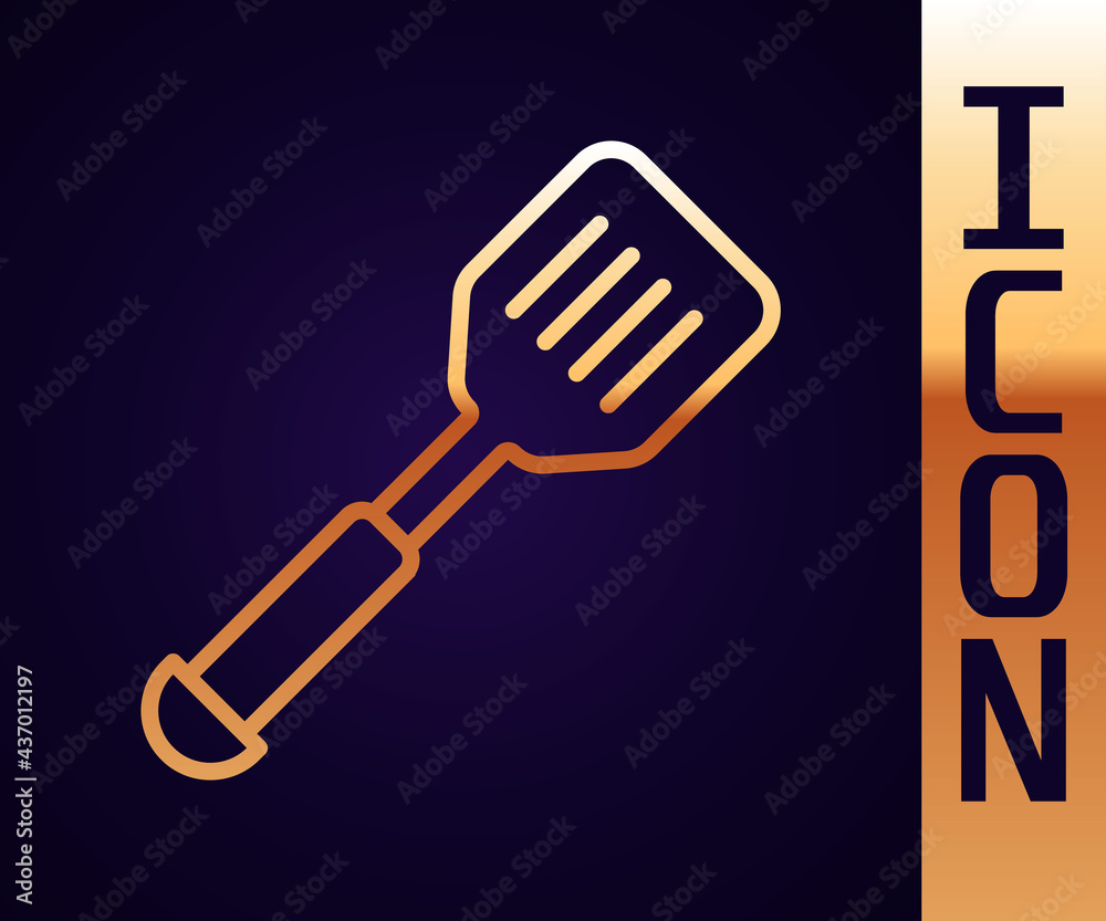 Gold line Spatula icon isolated on black background. Kitchen spatula icon. BBQ spatula sign. Barbecu