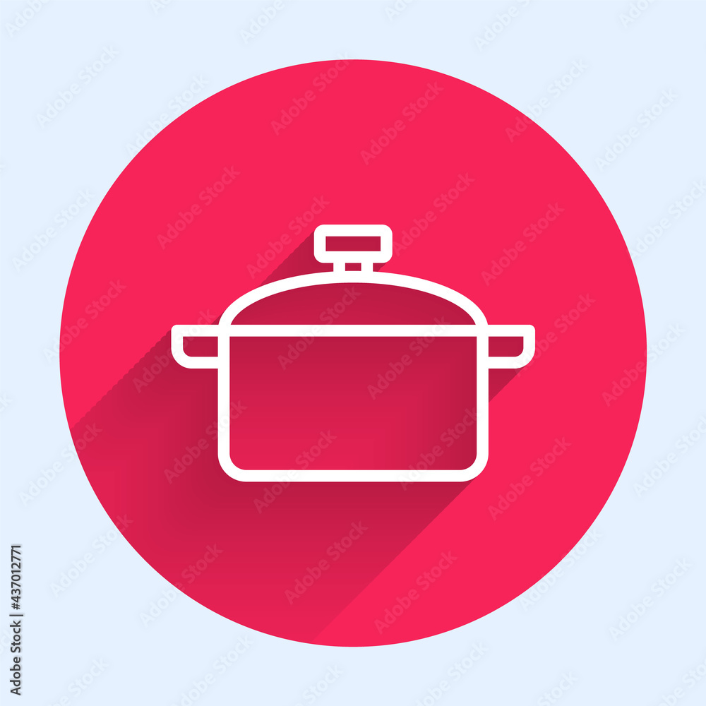 White line Cooking pot icon isolated with long shadow. Boil or stew food symbol. Red circle button. 