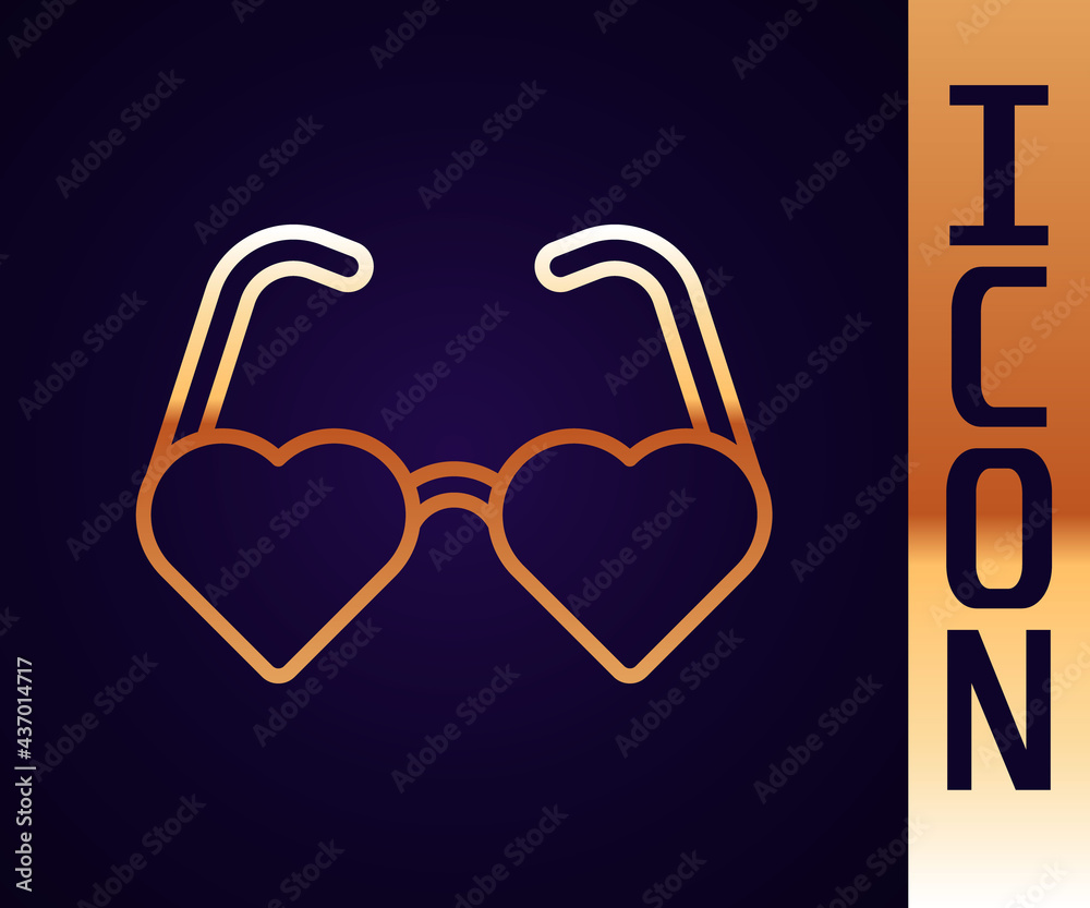 Gold line Heart shaped love glasses icon isolated on black background. Suitable for Valentine day ca