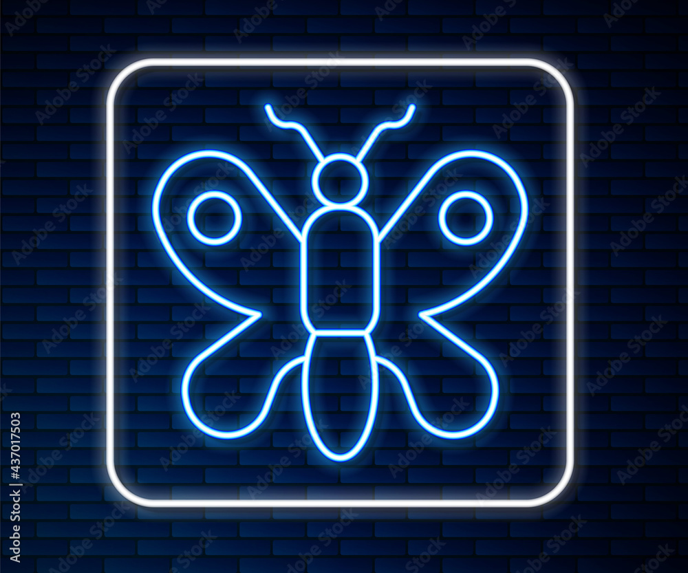 Glowing neon line Butterfly icon isolated on brick wall background. Vector