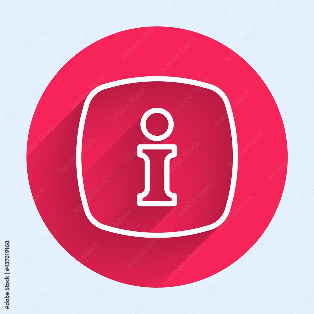 White line Information icon isolated with long shadow. Red circle button. Vector