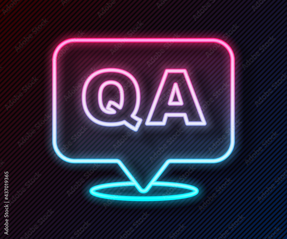 Glowing neon line Speech bubbles with Question and Answer icon isolated on black background. Q and A