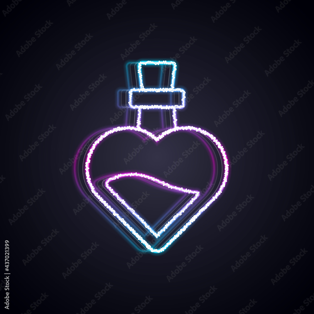 Glowing neon line Bottle with love potion icon isolated on black background. Valentines day symbol. 