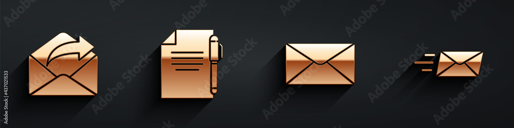 Set Outgoing mail, Document and pen, Envelope and Express envelope icon with long shadow. Vector