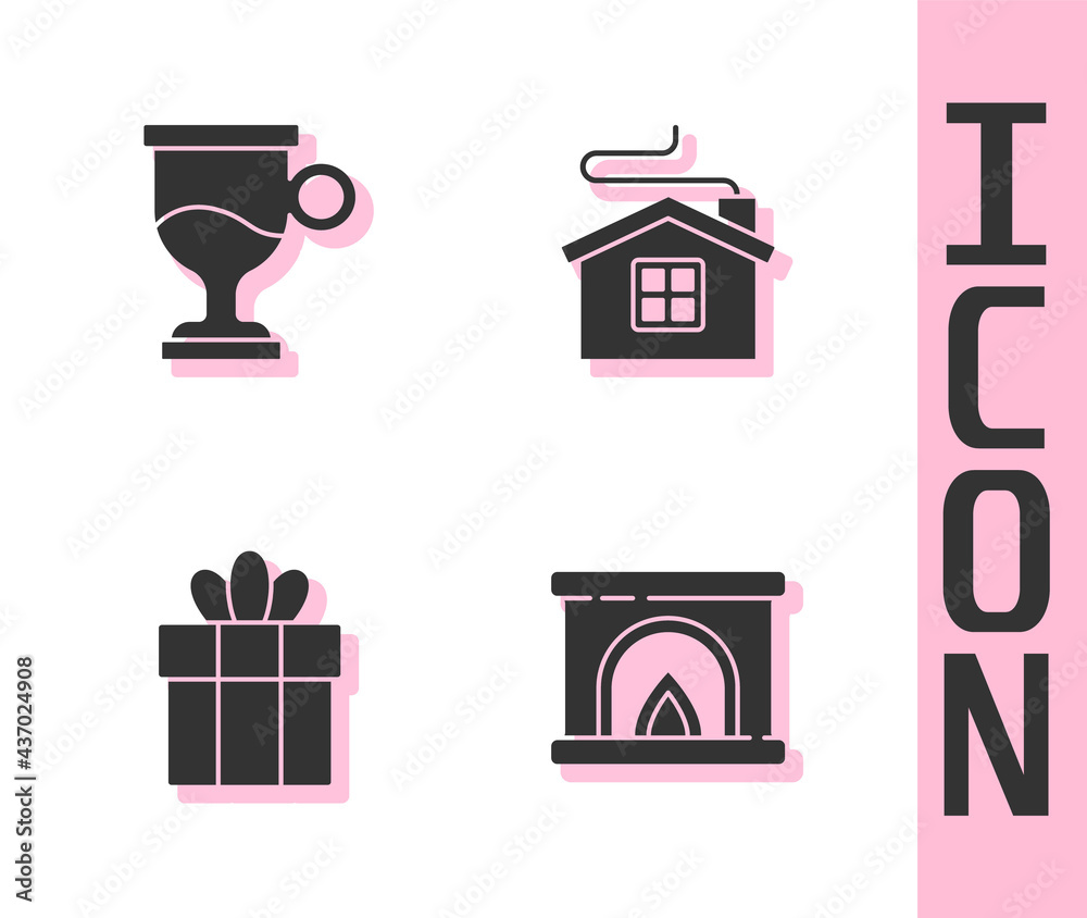 Set Interior fireplace, Mulled wine, Gift box and Merry Christmas house icon. Vector