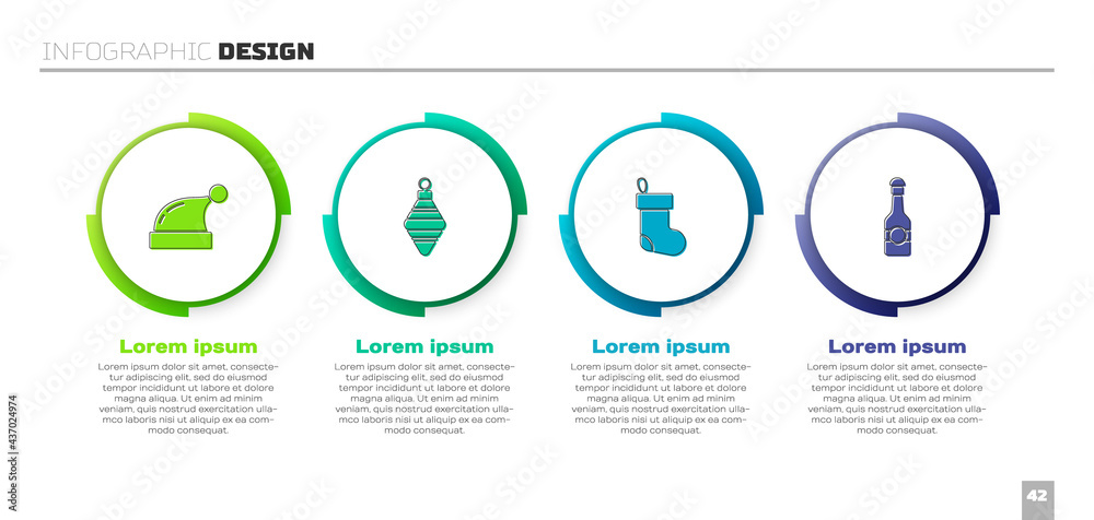 设置圣诞老人帽、球、袜子和香槟瓶。商业信息图模板.V