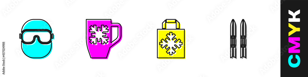 Set Ski goggles, Coffee cup with snowflake, Christmas shopping bag and and sticks icon. Vector