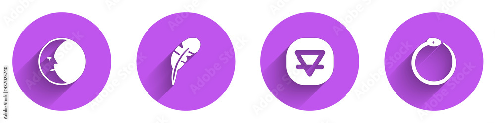 Set Moon, Feather pen, Earth element and Ouroboros icon with long shadow. Vector