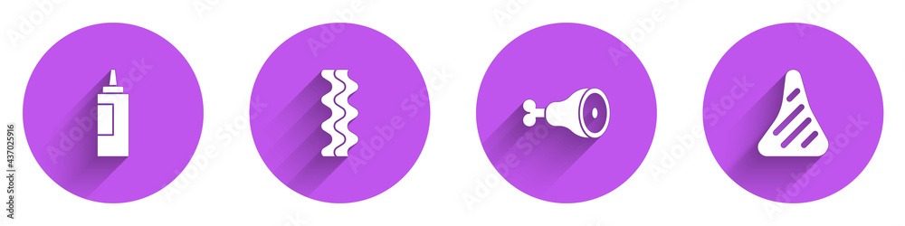 设置酱汁瓶、培根条纹、鸡腿和牛排图标，带长阴影。矢量