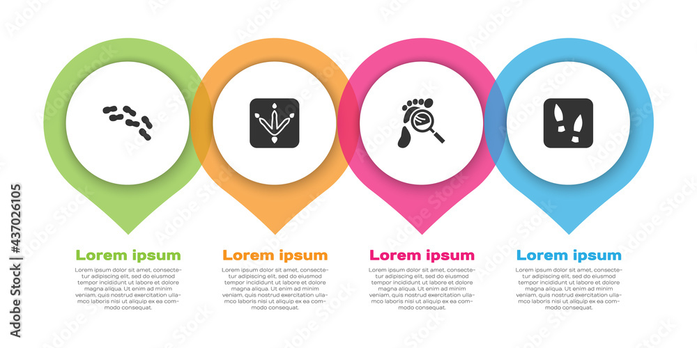设置人类足迹鞋、鸡爪、带有足迹的放大镜和。商业信息图