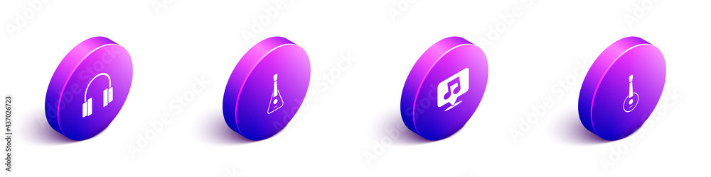 Set Isometric Headphones, Guitar, Music note, tone and Banjo icon. Vector