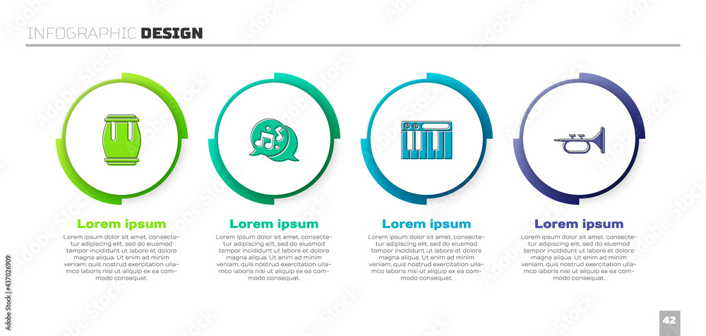 设置鼓、音符、音调、合成器和小号。商业信息图模板。矢量