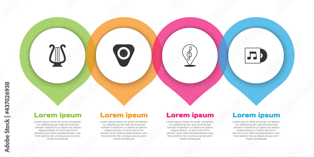 设置古代七弦琴、吉他拨片、高音谱号和乙烯基唱片。商业信息图模板。矢量