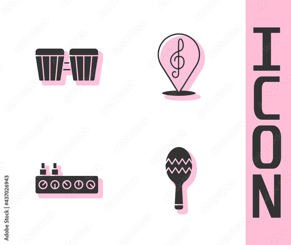 Set Maracas, Drum, Sound mixer controller and Treble clef icon. Vector