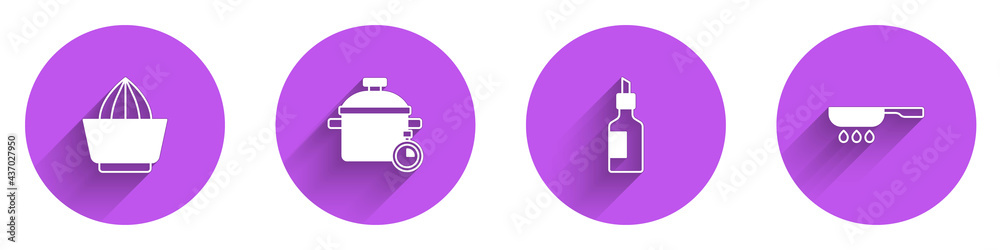 设置柑橘类水果榨汁机、烹饪锅、一瓶橄榄油和煎锅图标，带长阴影。Vect