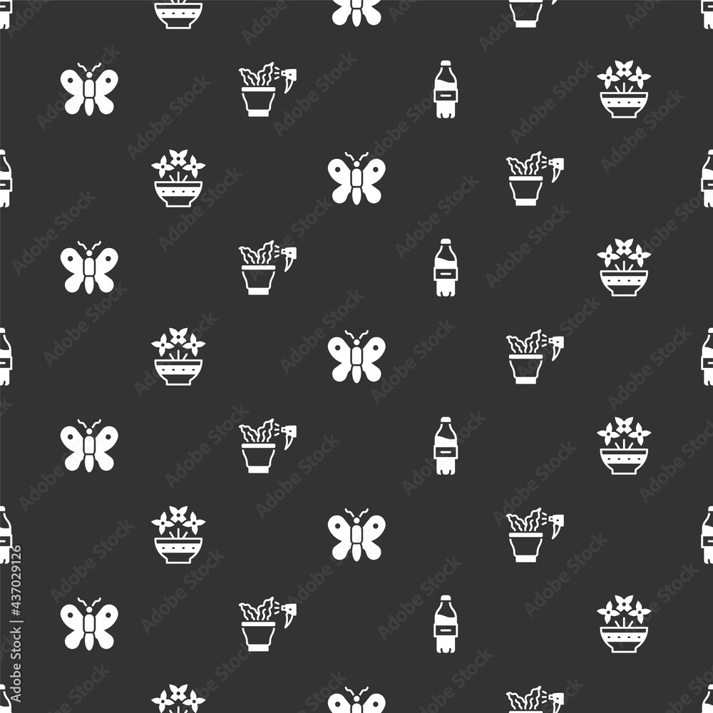 Set Bottle of water, Flower in vase, Butterfly and Spraying plant on seamless pattern. Vector