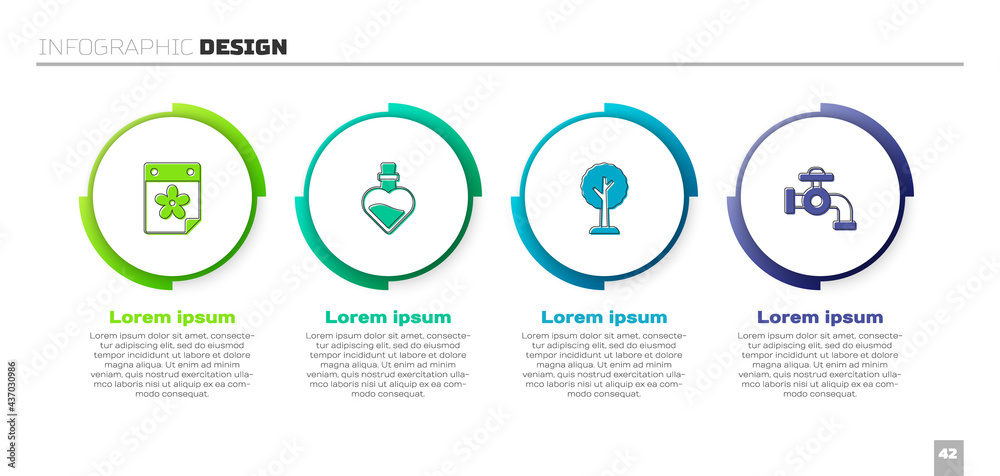 Set Calendar with flower, Bottle love potion, Forest and Water tap. Business infographic template. V