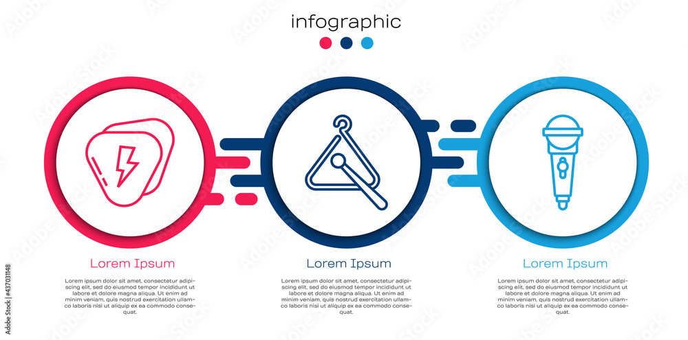 Set line Guitar pick，Triangle乐器和麦克风。商业信息图模板。Vec