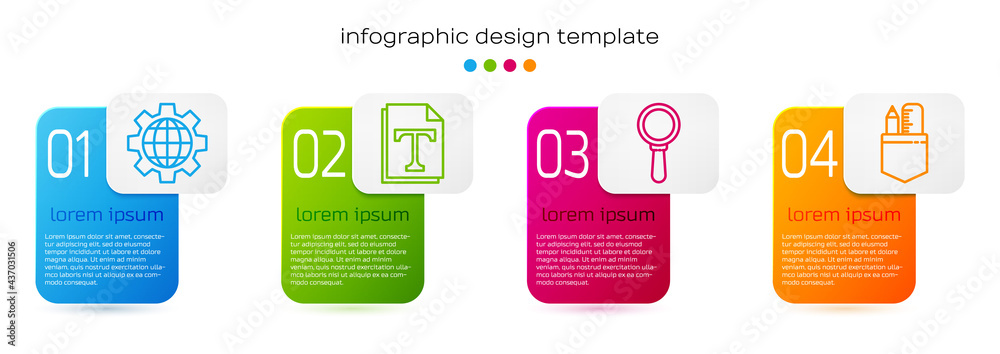 Set line Globe of the Earth and gear, Text file document, Magnifying glass and Crossed ruler and pen