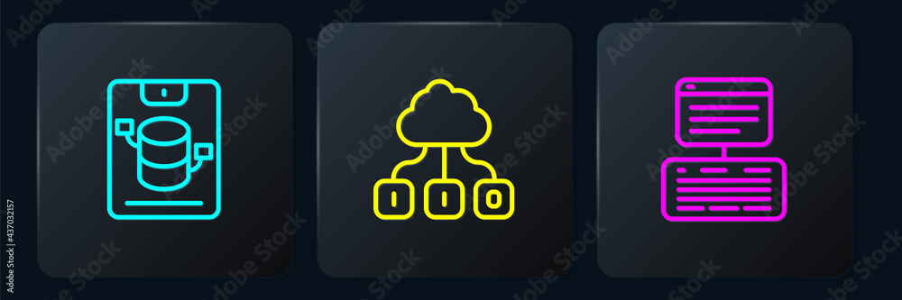 Set line Server, Data, Web Hosting, and Cloud technology data transfer. Black square button. Vector