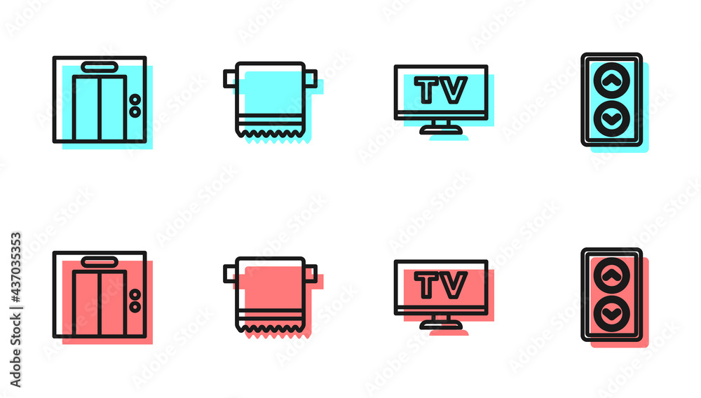 设置线智能电视、电梯、挂毛巾和图标。矢量