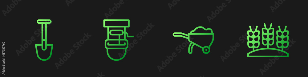 设置带泥土、铲子、井桶和小麦的手推车。渐变色图标。矢量