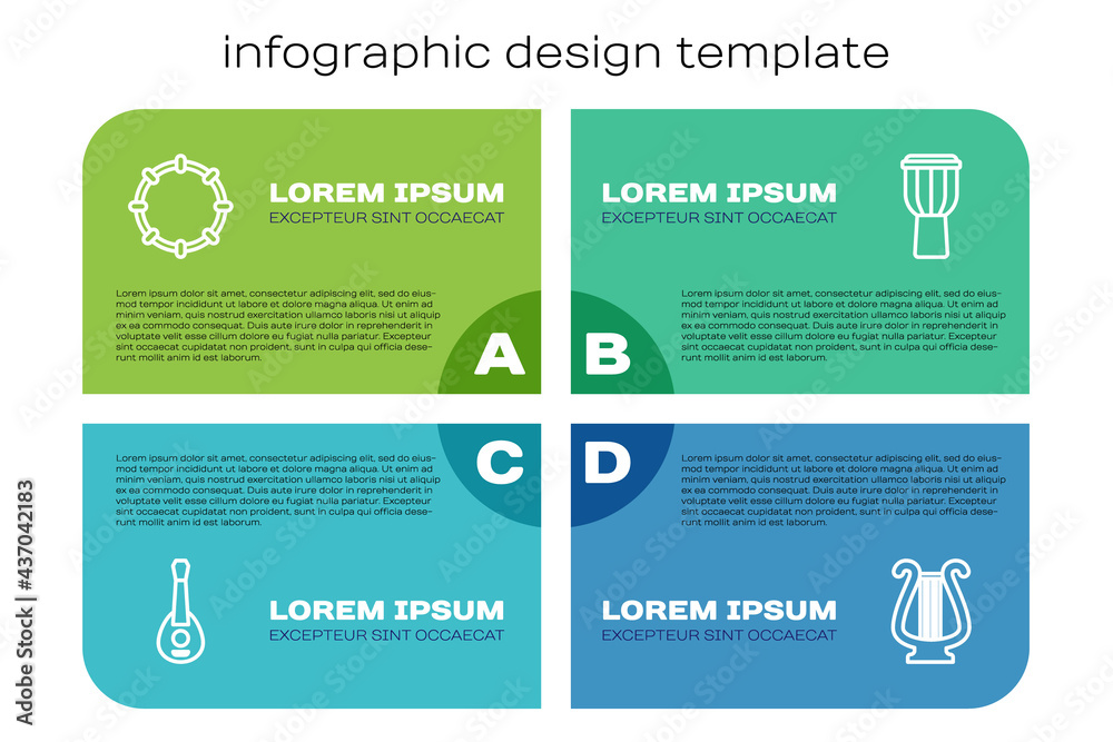 套装吉他、铃鼓、古代七弦琴和鼓。商业信息图模板。矢量