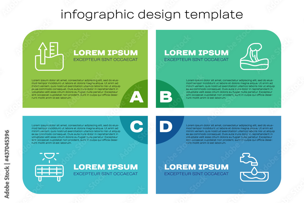 Set line Solar energy panel, Rise in water level, Water problem and Tsunami. Business infographic te