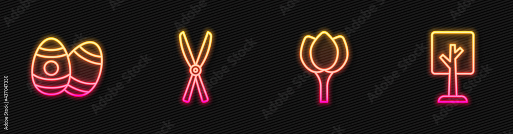 Set line Flower tulip, Easter egg, Gardening handmade scissors and Forest. Glowing neon icon. Vector